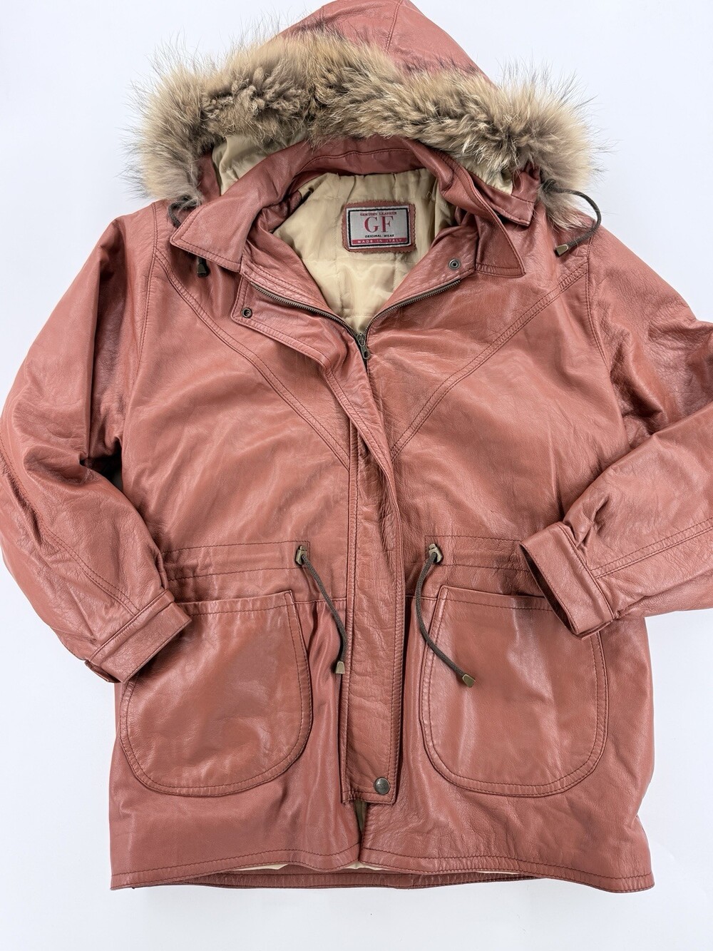 Vintage GF Leather Parka Jacket Coat Faux Fur Hood Brown XL Made In Italy